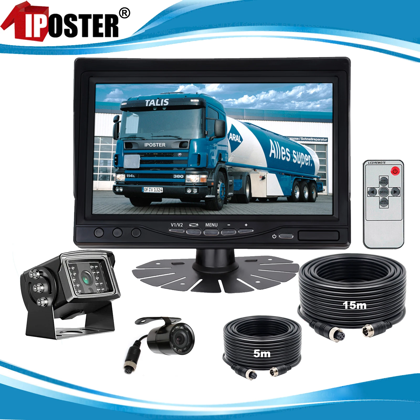 

iPoster 7-дюймовый автомобильный монитор 2-канальный 4-контактный видео в 4-контактном 2x датчик CCD Резервные камеры заднего вида 5 + 15 м 12-24 В для грузовика Rv Van