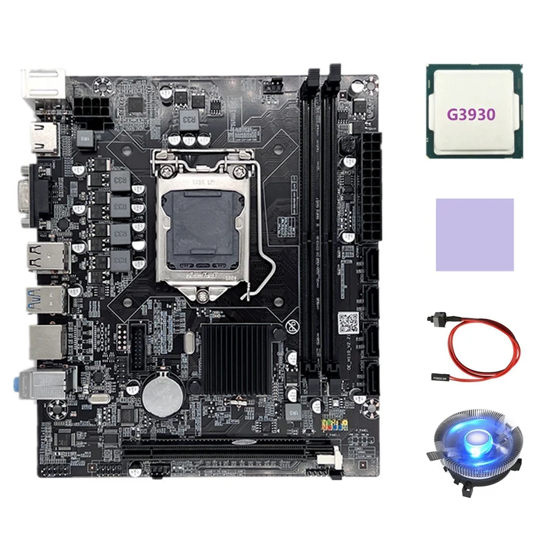 H110 Computer Motherboard LGA1151 Supports Celeron G3900 G3930 CPU With G3930 CPU+Switch Cable+Cooling Fan+Thermal Pad