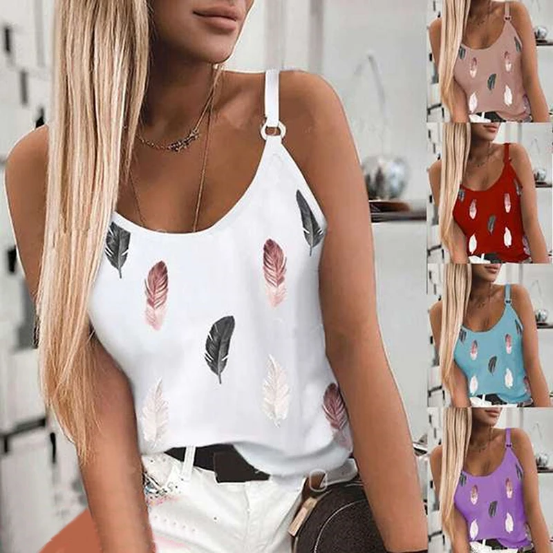 

Printed Feather Women's Tank Top U-Neck Spaghetti Strap Camisole Sleeveless Beach Style Summer Tops Shoulder Buckle Tank Top Tee