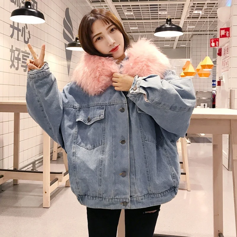 

Autumn Winter Plush Thick Warm Denim Coats Women Big Furry Collar Single Breasted Hooded Denim Jacket Casual Commute Overwears