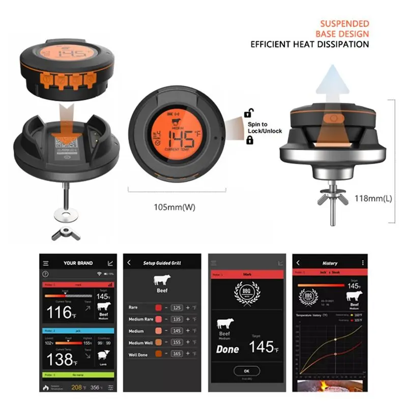 Фото Новый беспроводной цифровой Bluetooth-термометр для мяса и продуктов, для гриля, барбекю, угольного гриля и духовки №4
