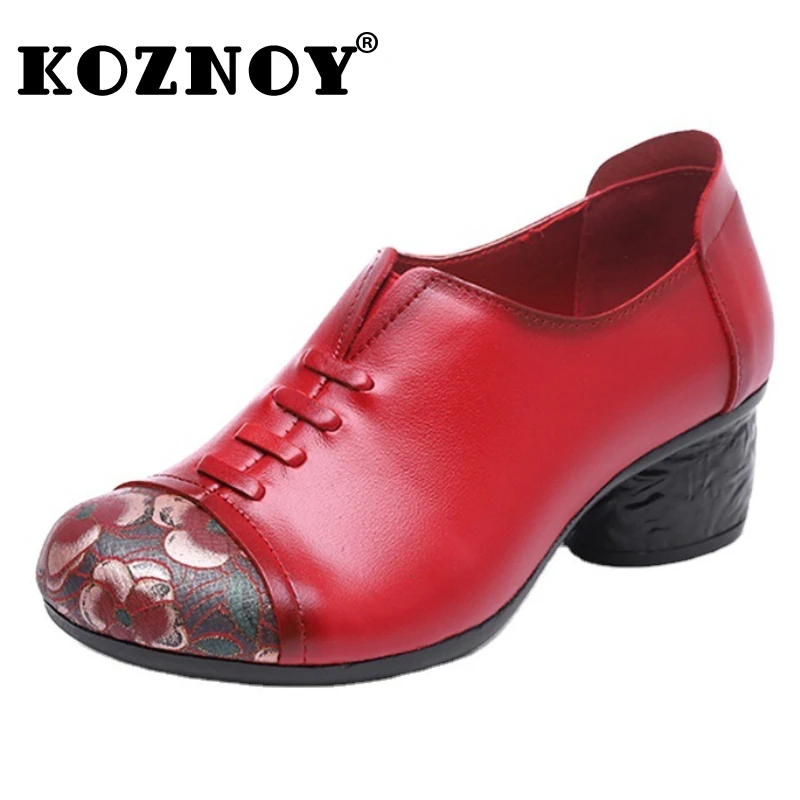 

Koznoy 4.5cm Retro Genuine Leather Ethnic Comfy Spring Autumn Mom Women Female Print High Chunky Heel Non Slip Soft Sole Shoes