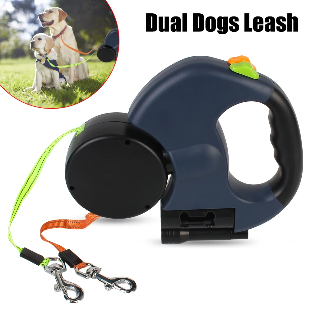 

3m Dogs Strap Auto Retractable Dual Dog Leash With Flashlight Waste Bag Box Pet supplies Roulette Double-Ended Traction Rope