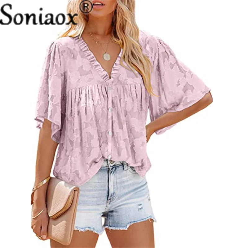 Женская шифоновая блузка с рюшами кружевная на пуговицах рукавами-фонариками