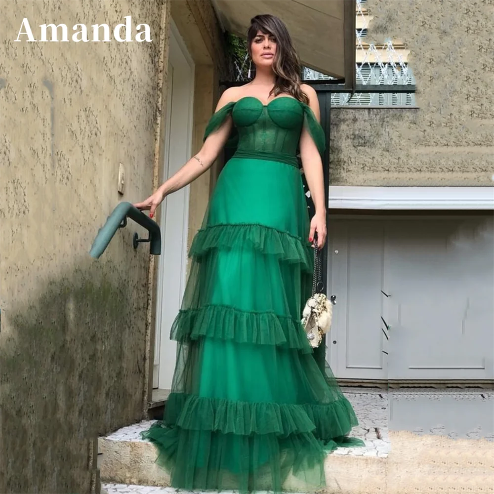 

Amanda Elegant Off Shoulder Vestido De Novia Grace Short Sleeve Prom Gown Prom Dress Tulle A-line Emerald Green فساتين السهرة
