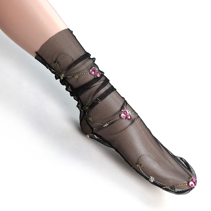 Embroidered Tulle Socks Women Summer New Floral Ultra-thin Mesh Breathable Stockings Flower Sheer Crystal Silk Stacked Socks