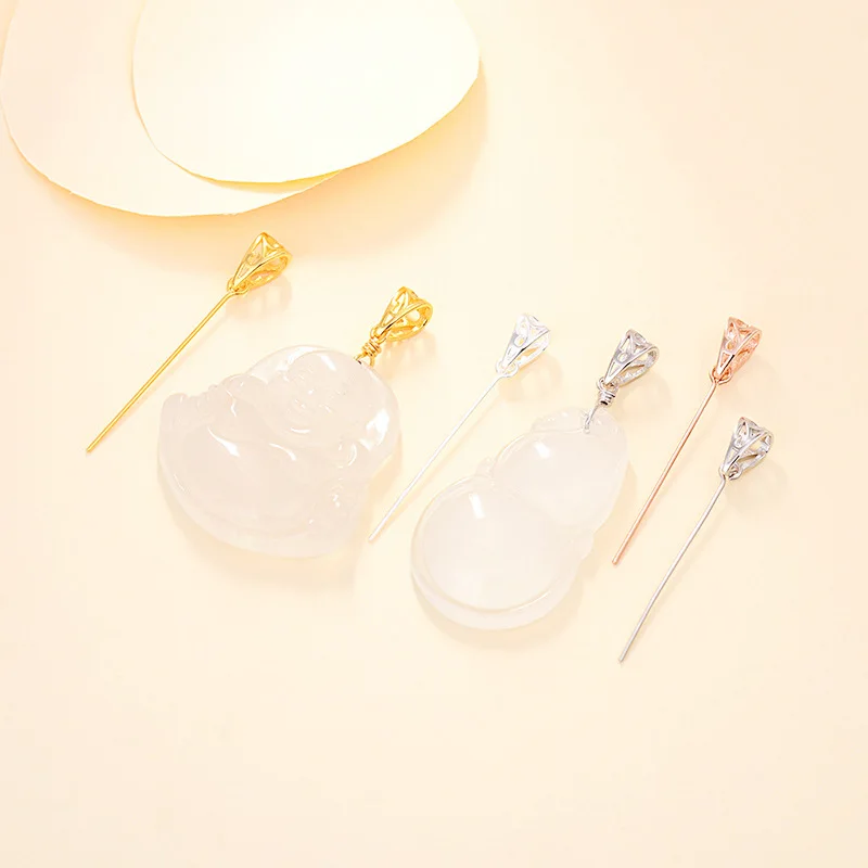 

S925 Sterling Silver Pendant Buckle DIY Accessories Clip Buckle Inlaid With Jade And Amber Oblique Hole 9 Character Pin Buckle