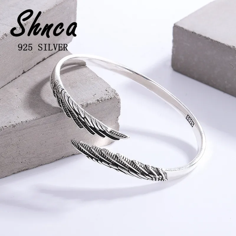 Thai Silver Vintage 925 Sterling Silver Feather Angel Wings Open Charm Bracelet & Bangles For Women Girl LB021