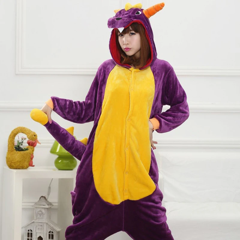 Family Winter One-Piece Purple Dinosaur Cartoon Pajamas With Two Dragon Horns Wings Polyester Warm Comfortable Sleepwear Cosplay
