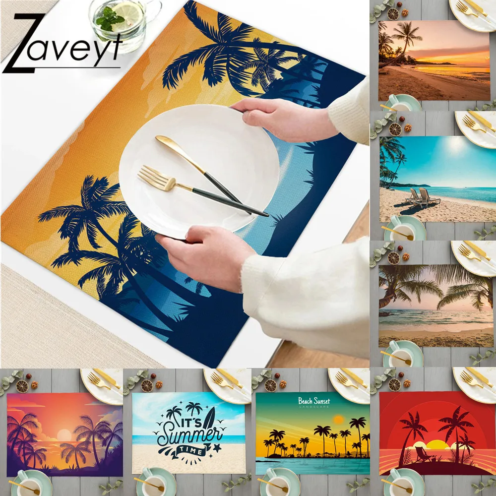 

1piece Summer Beach Coconut tree Sunset Pattern Kitchen Placemat Dining Table Mat Coaster Cotton Linen Pad Cup Mat Home Decor