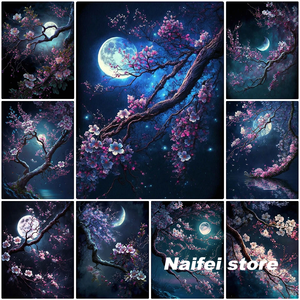 Flowers Fantasy Diamond Painting Plum blossom Moon Landscape Diamond Embroidery DIY Artist Living Wall Decoration Gift