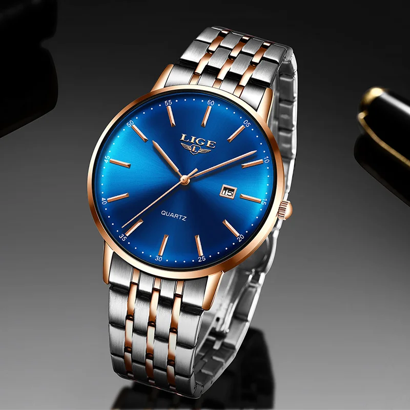 Часы наручные LIGE Мужские кварцевые брендовые Роскошные модные ультратонкие
