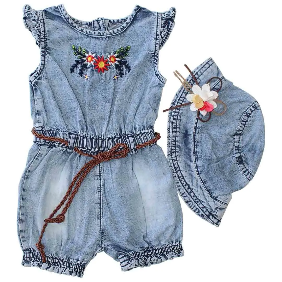 

Baby girl floral embroidered hat jeans jumpsuit