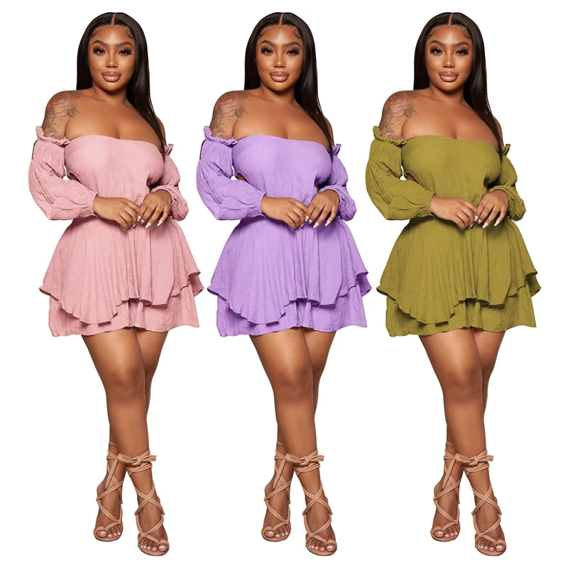

Sexy Cutout Backless Jumpsuits Women Off The Shoulder Long Sleeve Big Swing Skirt Playsuit Summer One Piece Overall Rompers