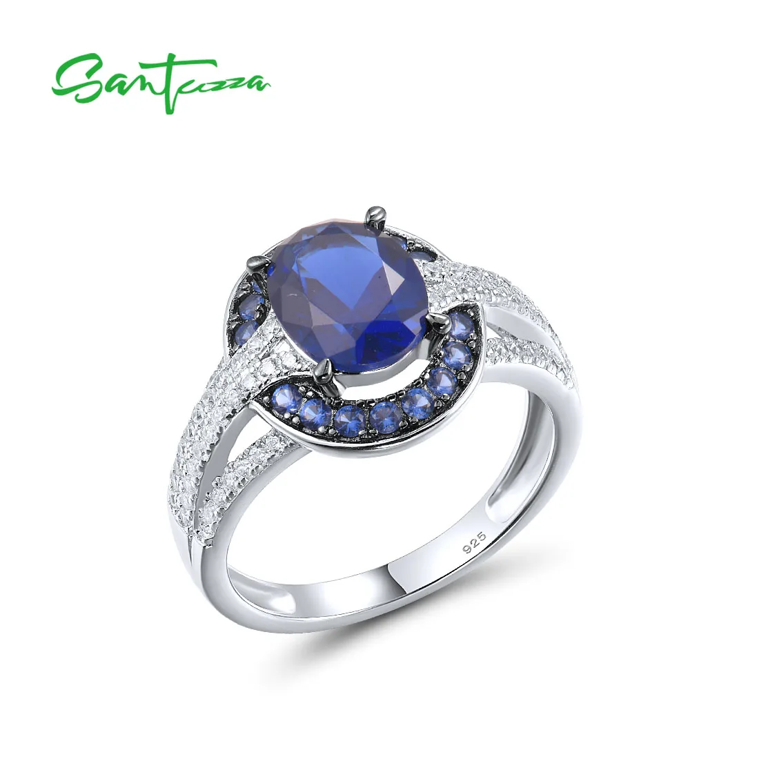 

SANTUZZA Silver Rings For Women 925 Sterling Silver Sparkling Blue Stones White CZ Solitaire Ring Gorgeous Trendy Fine Jewelry