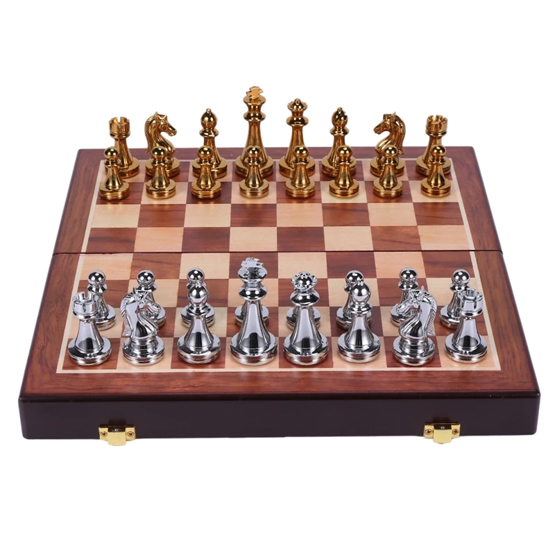 

Easytoday Metal Glossy Golden And Silver Chess Pieces Solid Wooden Folding Chess Board High Grade Professional Chess Games Set