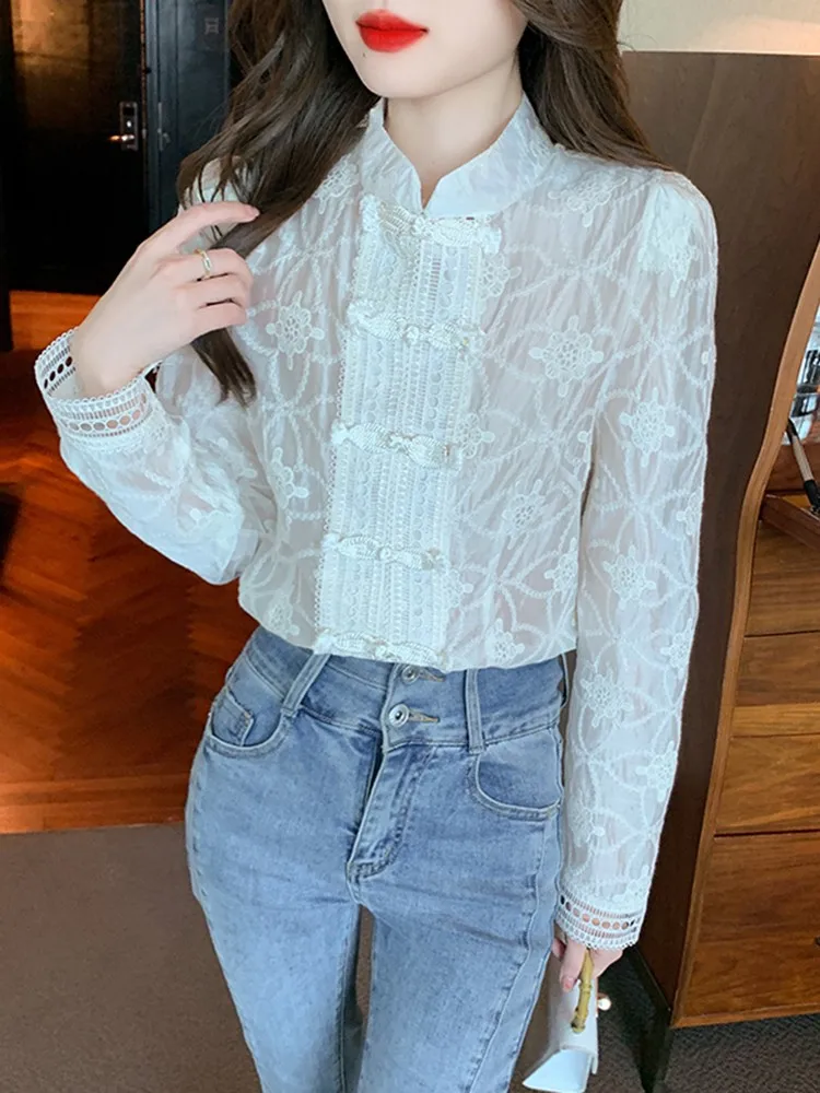 Рубашка женская с длинным рукавом винтажный элегантный топ в китайском стиле