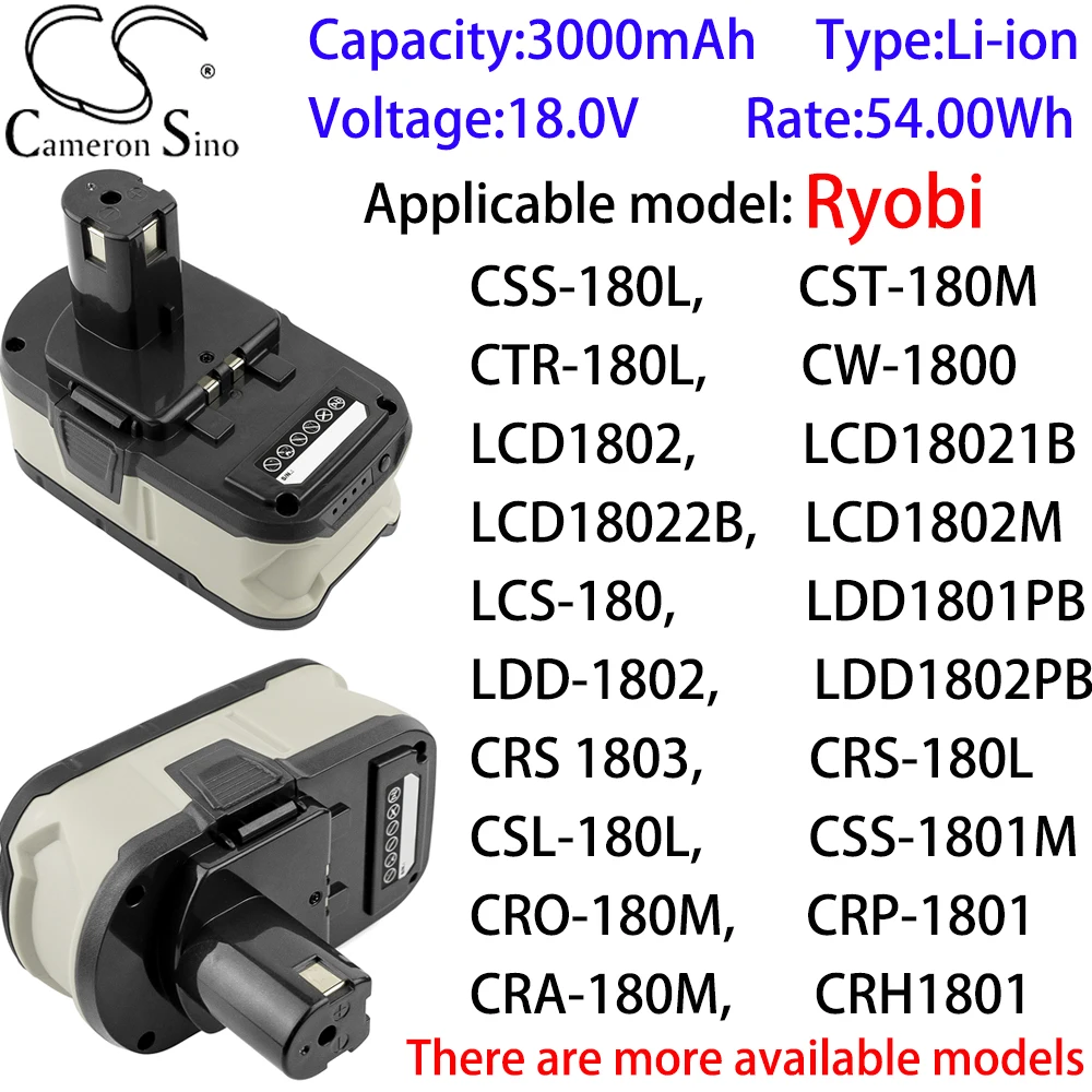 

Cameron Sino Ithium Battery 3000mAh 18.0V for Ryobi CP-180M,CPD-1800,CPL-180M,CRA-180M,CRH1801,CRO-180M,CRP-1801