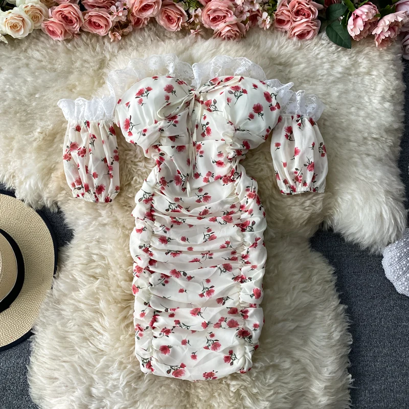 

French Floral Dress Sexy Lace Edge Off The Shoulder Puff Sleeve Chic Pleated Body Mini Dresses Women Party Vestidos