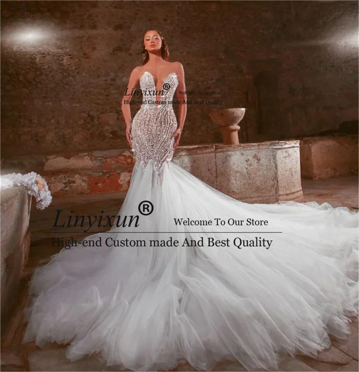 

Glitter Sequins Beaded Wedding Sweetheart Illusion Sleeveless Women Mermaid Bridal Gown Sweep Train Long Tulle Vestidos De Noiva