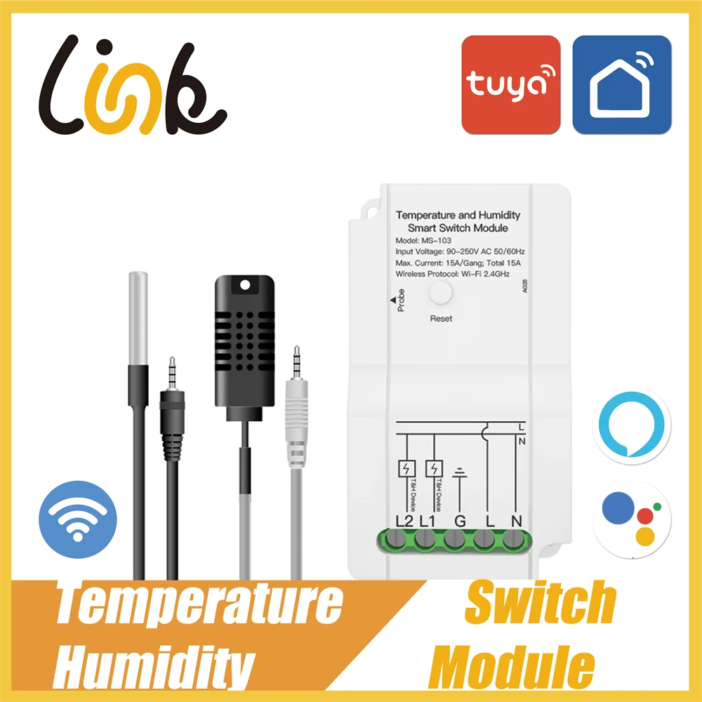 

Умный модуль переключателя температуры и влажности Tuya, Wi-Fi сенсор с двумя релейными выходами, с приложением Smart Life, беспроводной контроллер, ...