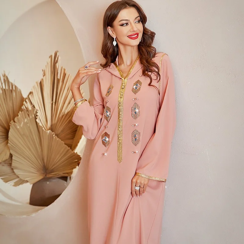 

Muslim Fashion Pink Handmade Diamond Gold Tube Rhinestone Moroccan Women's Hooded Dress Islamic Dress Abaya Caftan Dress 2022