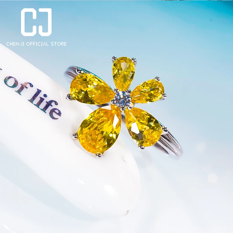 

CHENJI кольцо из стерлингового серебра с желтым цветочным бриллиантом сверкающие бриллиантовые обручальные кольца Роскошные модные милые бр...