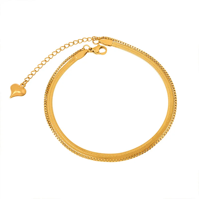 

18K Gold Plated Stainless Steel Layered Anklet Waterproof Flat Snake Box Chain Anklet Bracelet for Women Beach Jewelry Gift