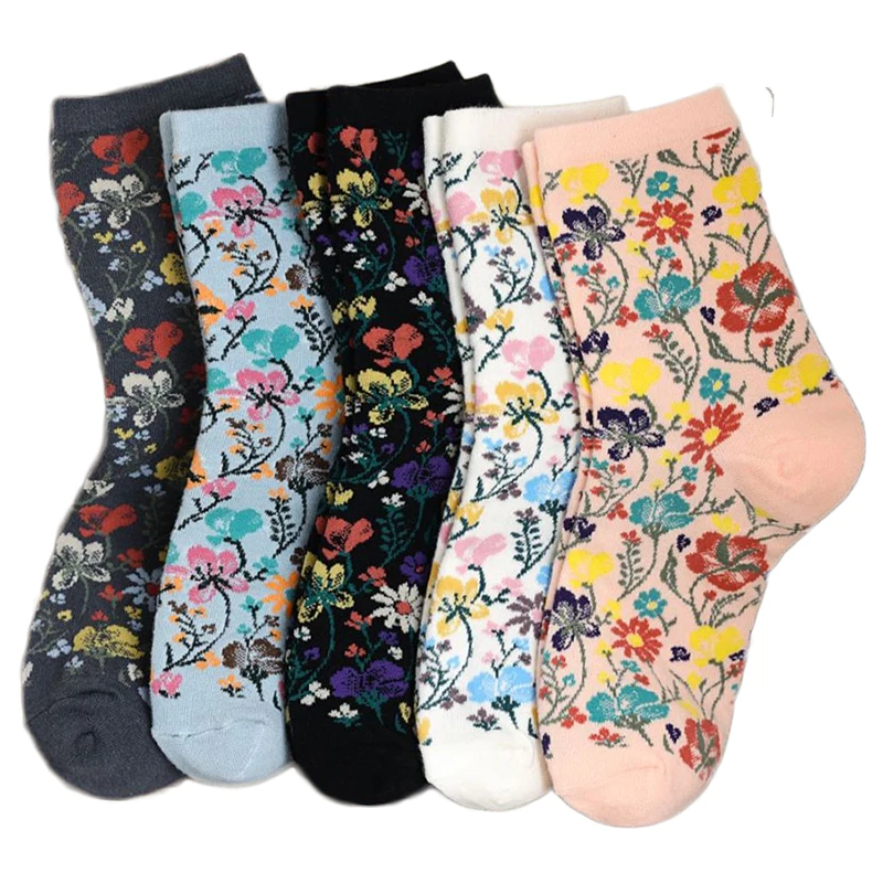

5 Pairs Autumn Winter Long Socks Women Fashion 2022 New Vintage Print Cotton Socks Cute Calzini Donna Girl Kawaii Vrouw Socken