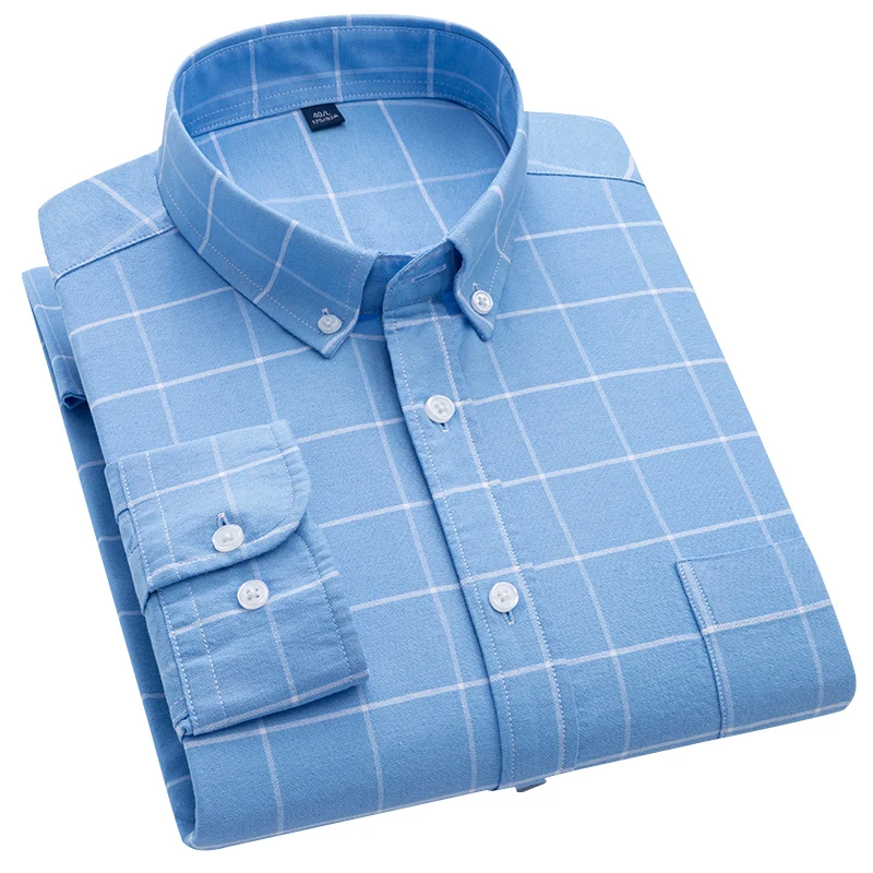 2022 Men's Plaid Long-Sleeve Casual Shirt Regular Fit Button Collar Design 100% Cotton Oxford High Quality Male Social Shirts