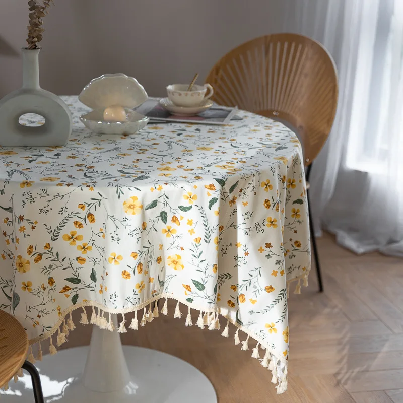 

Tablecloth Japanese Tassel Cotton Rectangular Table Cloth Cover pastoral floral Linen Home Decoration