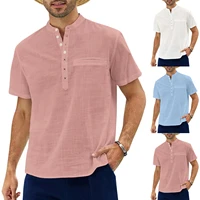 2022 summer casual beach shirt men short sleeve stand collar casual fit sold color shirt for men cotton linen mens shirts