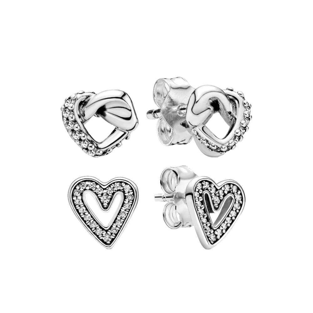 

925 Silver Sparkling Freehand Heart Stud Earrings fit for Pandora Original Anniversary Jewelry Gift To Ladies
