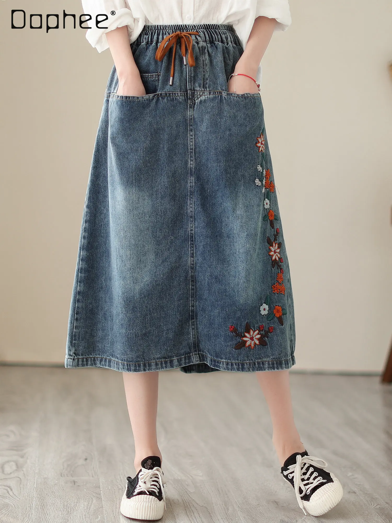 

Женская Ретро-юбка в стиле ретро, свободная повседневная трапециевидная юбка средней длины с высокой талией и шнуровкой, весна-лето 2023