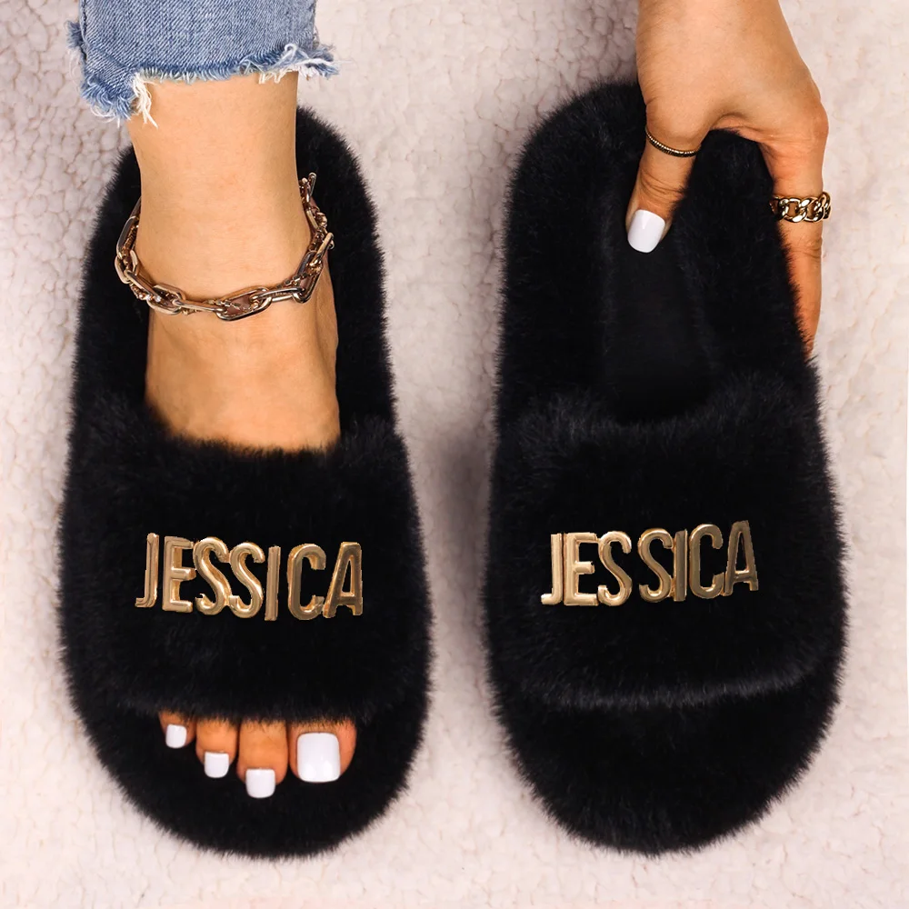 Women's Slippers Fluffy Flip Flops Furry Slides Slippers Alloy Letter JESSICA Decor Hollow Flat Faux Fur Sandals Decor Platform