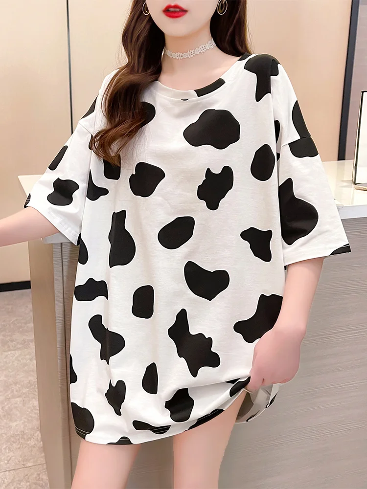 

Doornot Summer Loose Short Sleeve T-shirt Women Printed Cotton Oversize Tshirt Midi Long Casual Straight Top Female Harajuku