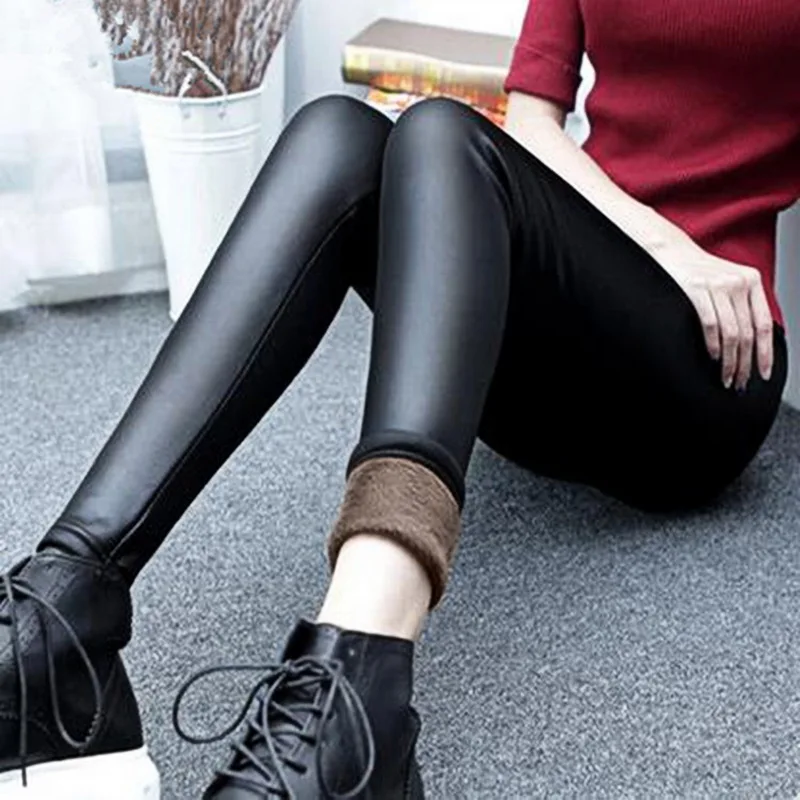 

High Leather Pants Women Pu Fleece Stretchy Pantalones Jeggings Waist Lined Black Trousers Warm Winter Tights Thermal Leggings
