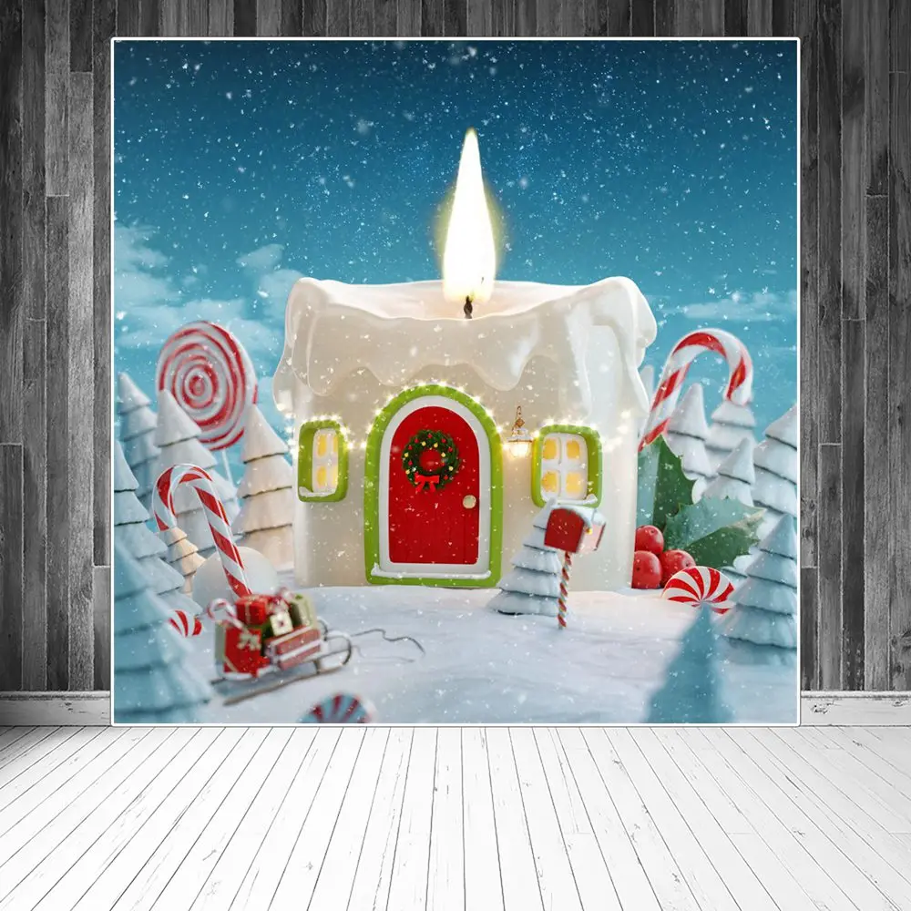 

Sweets Candle Lights Home Christmas Photography Backdrop Baby Candyland Cabin Light Sleigh Gift Crutch Lollipop Photo Background