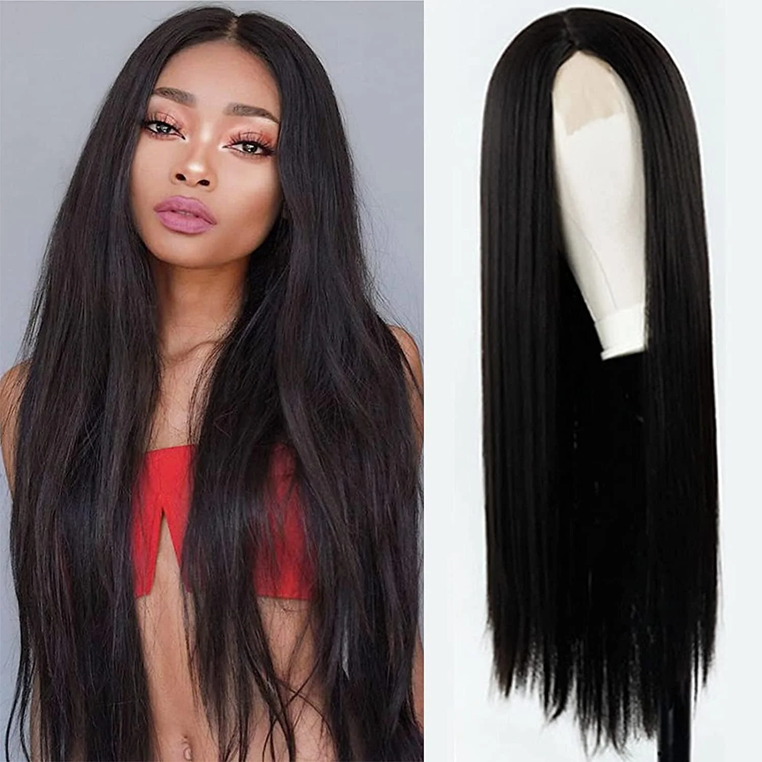 Long Black Straight Wigs for Black Women 24 Inch Synthetic Middle Part Natural hairline Wigs Heat Resistant Wigs for Daily Party