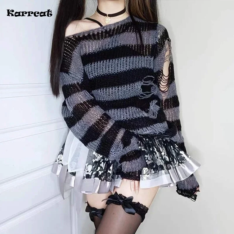 

Karrcat Gothic Sweater Women Knitted Grunge Striped Pullovers Punk Hollow Out Loose Jumper Goth Alternative Clothing Emo Y2k Top