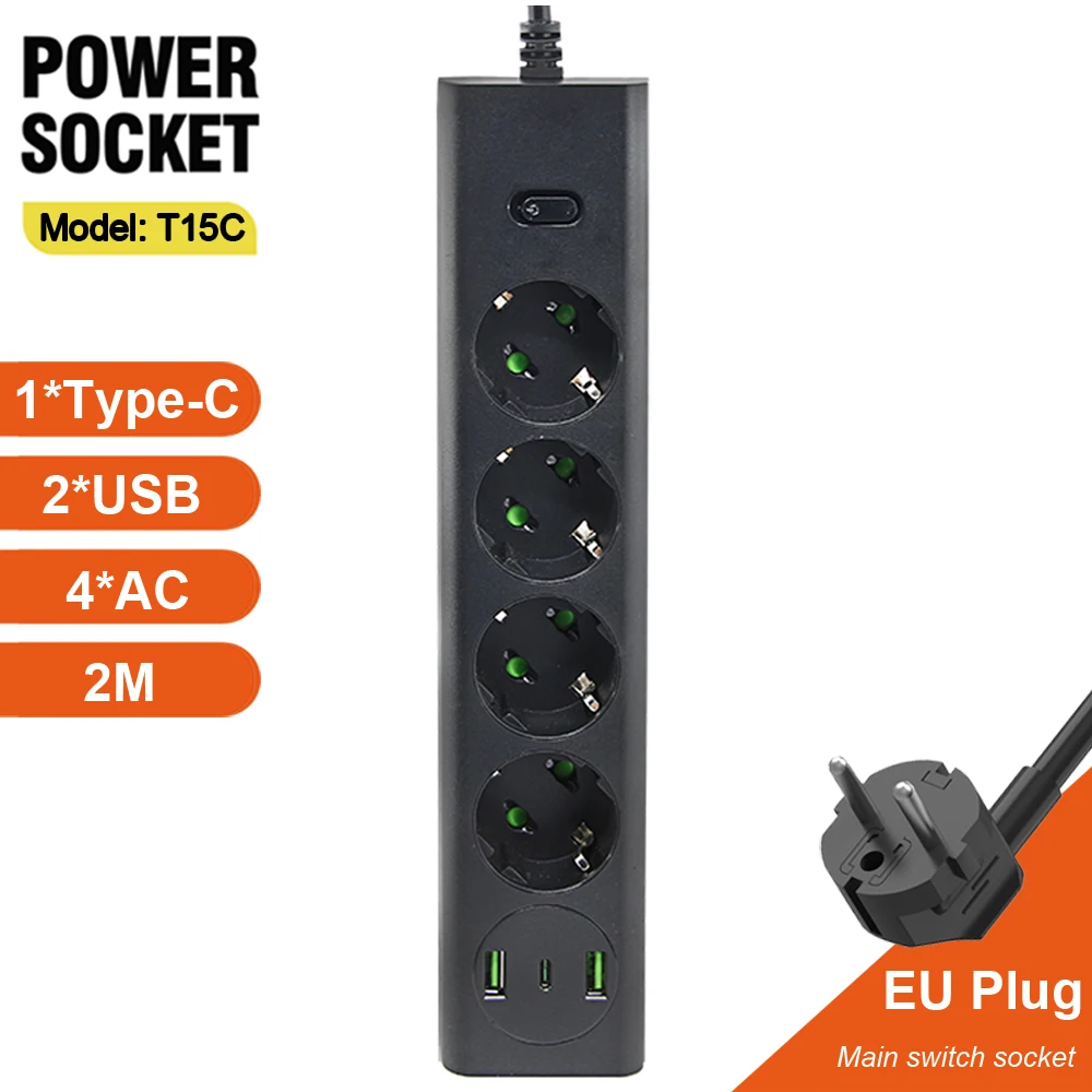 EU Plug Power Strip With Extension Cord Master Switch USB Ty