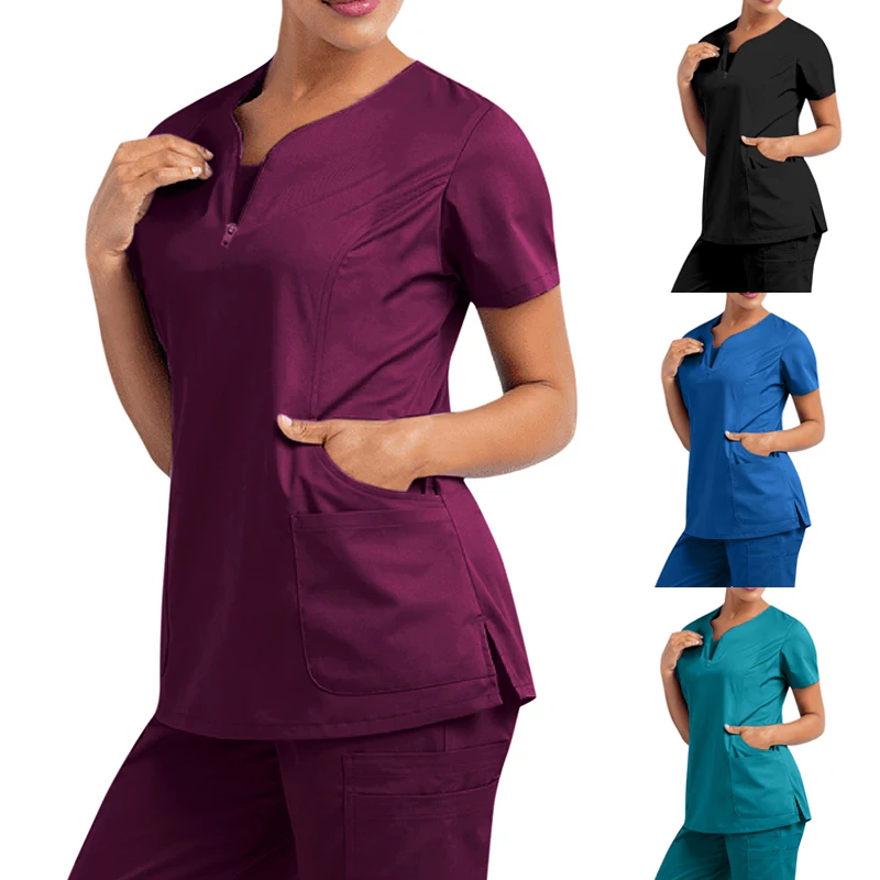 

Solid Nurse Uniform Women Short Sleeve Scrub Tops Shirt V-Neck Pocket Care Workers T-Shirt Top Clinic Beauty Salon Working Cloth