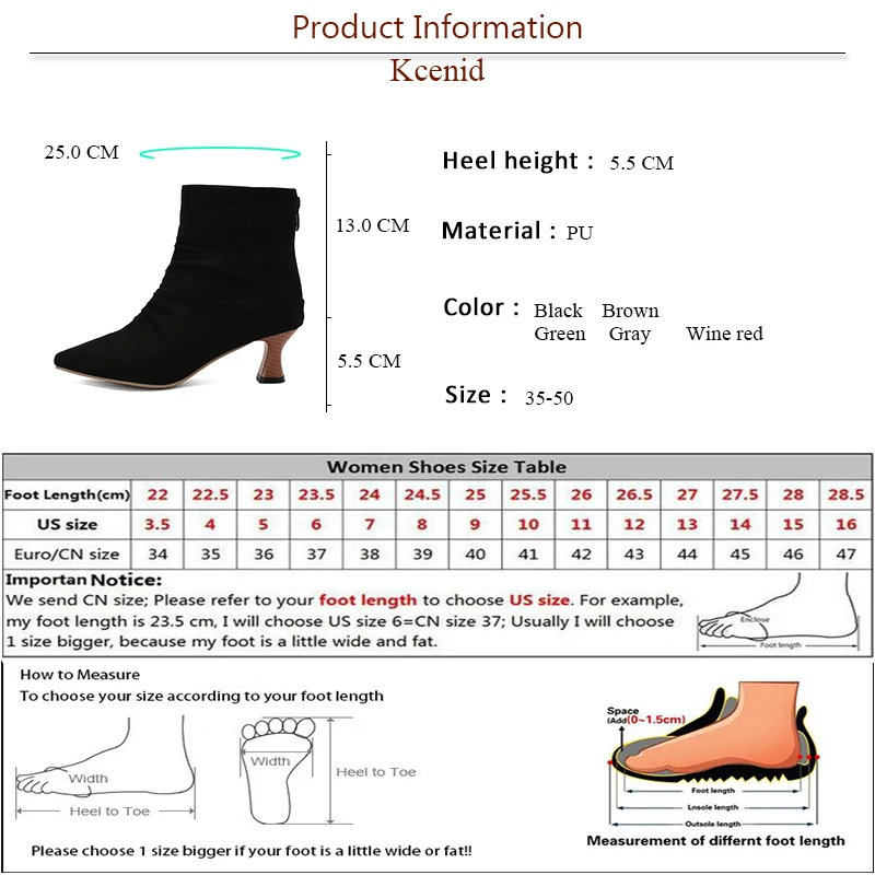 Kcenid осень-зима лаконичные плиссированные ботильоны для женщин с острым носком на