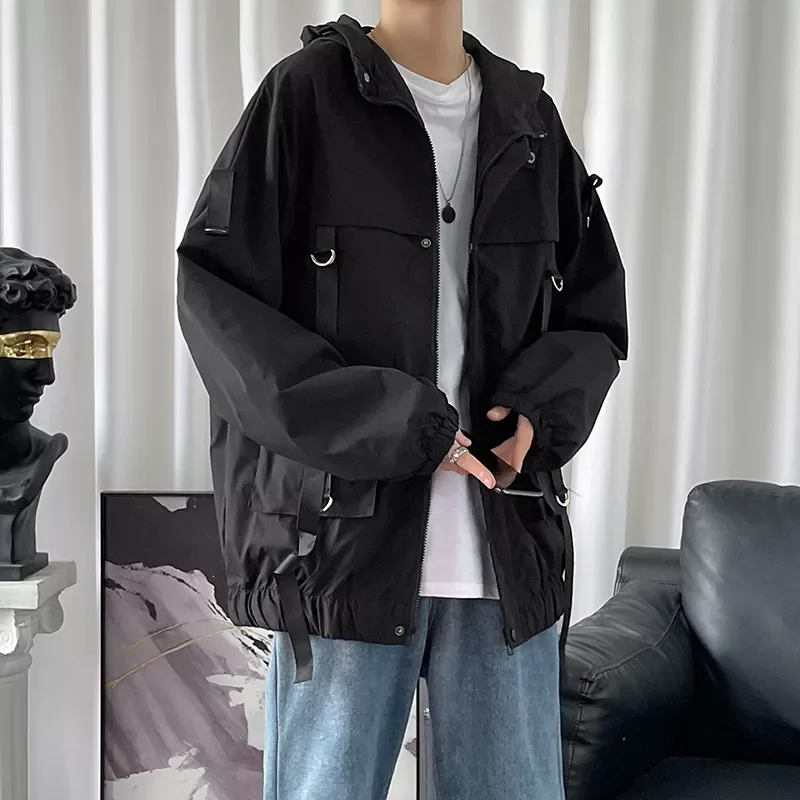 

NEW IN Men Jackets And Coats Loose 2022 Autumn Ribbons Streetwear Casual Outwear Coats Hip Hop Men's Windbreaker Overcoat