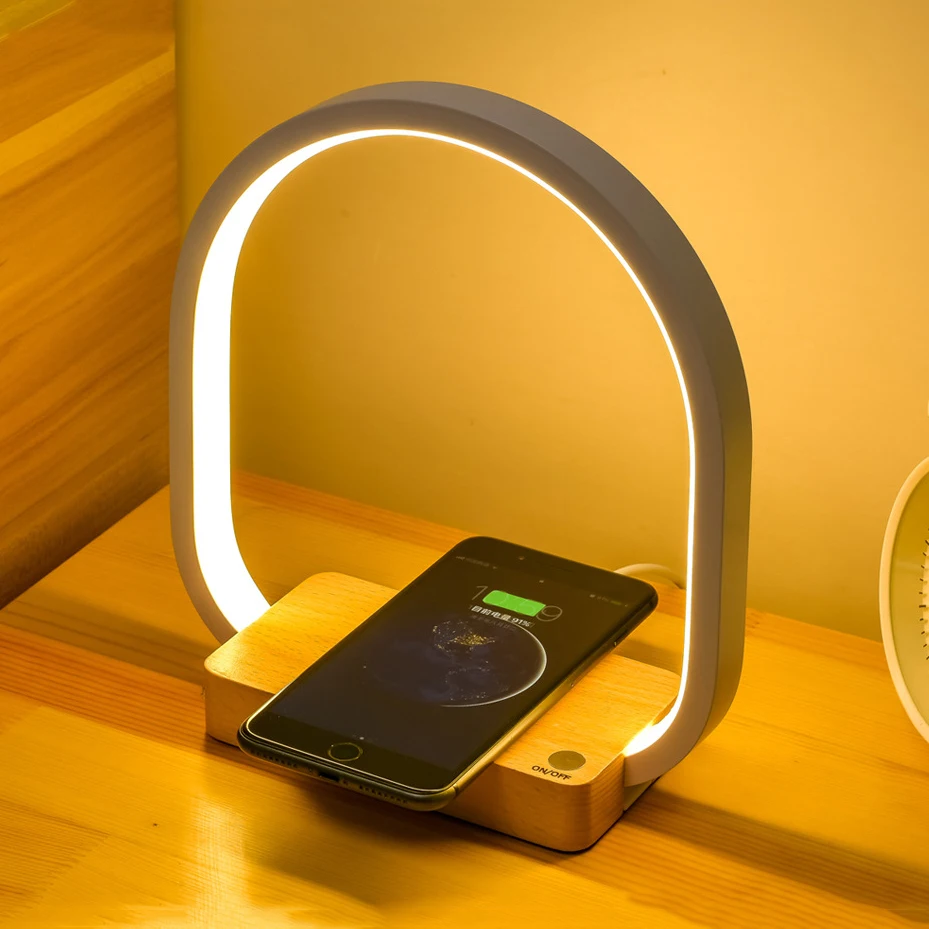 

Wood bedside lamp with wireless charger and BT speaker
