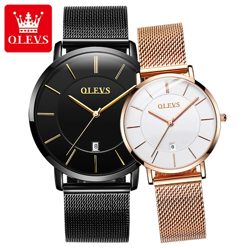 OLEVS Quartz Watch New Fashion Couple Watches Mesh Strap Casual Simple Clock Calendar Display 30M Waterproof Men Women Watch