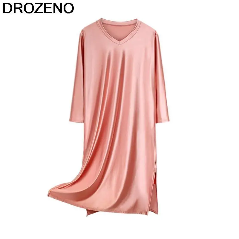 DROZENO alta costura feminina vestidoDress Silky Colorful Long Dress Long Sleeve Loose  One-Piece Pajamas V-neck Long Nightdress