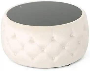 

Glam Velvet and Tempered Glass Coffee Table Ottoman, Beige, Black