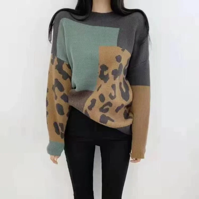

Autumn Winter Vintage Loose Women Sweater Pullover Leopard Fashion Female Tops Jumper
