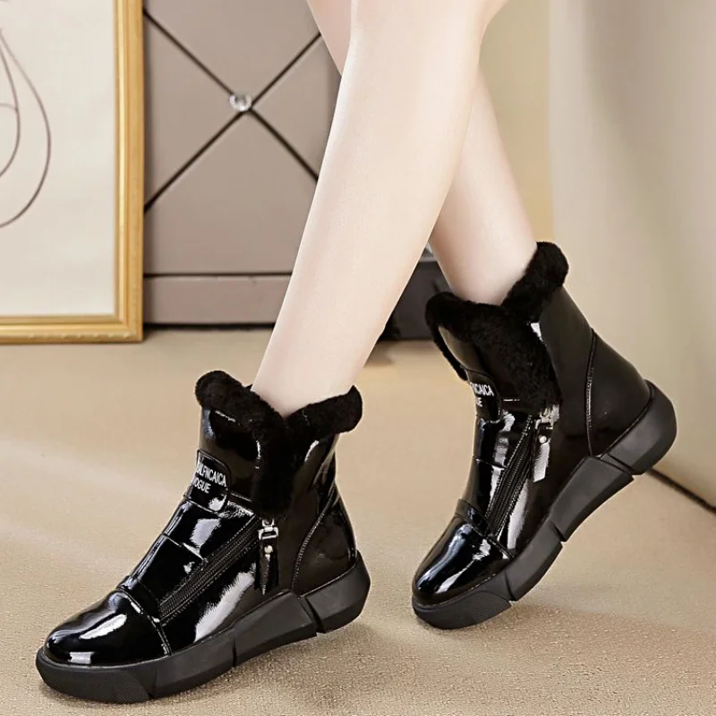 Women's Shoes Waterproof Warm Half Winter 2023 Furry Ankle Booties Padded Black Snow Boots Woman Hot Flat Chunky Autumn Footwear